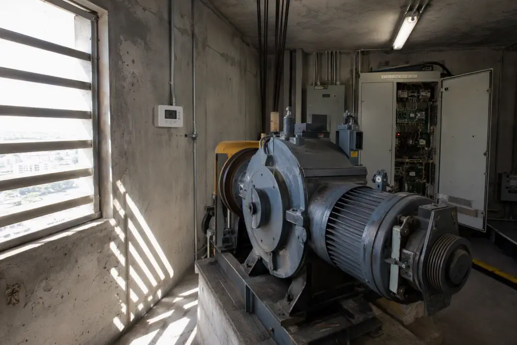 Houston elevator machine room in summer showing traction motor, VFD controller cabinet, and high ambient temperature conditions that cause overheating inspection failures