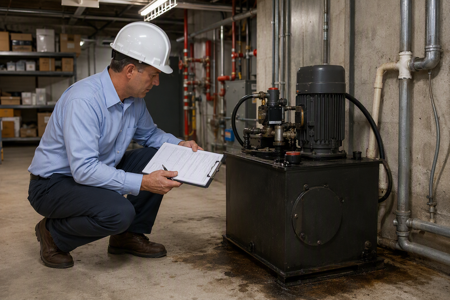 Elevator inspector examining hydraulic pump unit in San Antonio building basement for heat-related fluid thinning and seal failure common during Texas summer inspections
