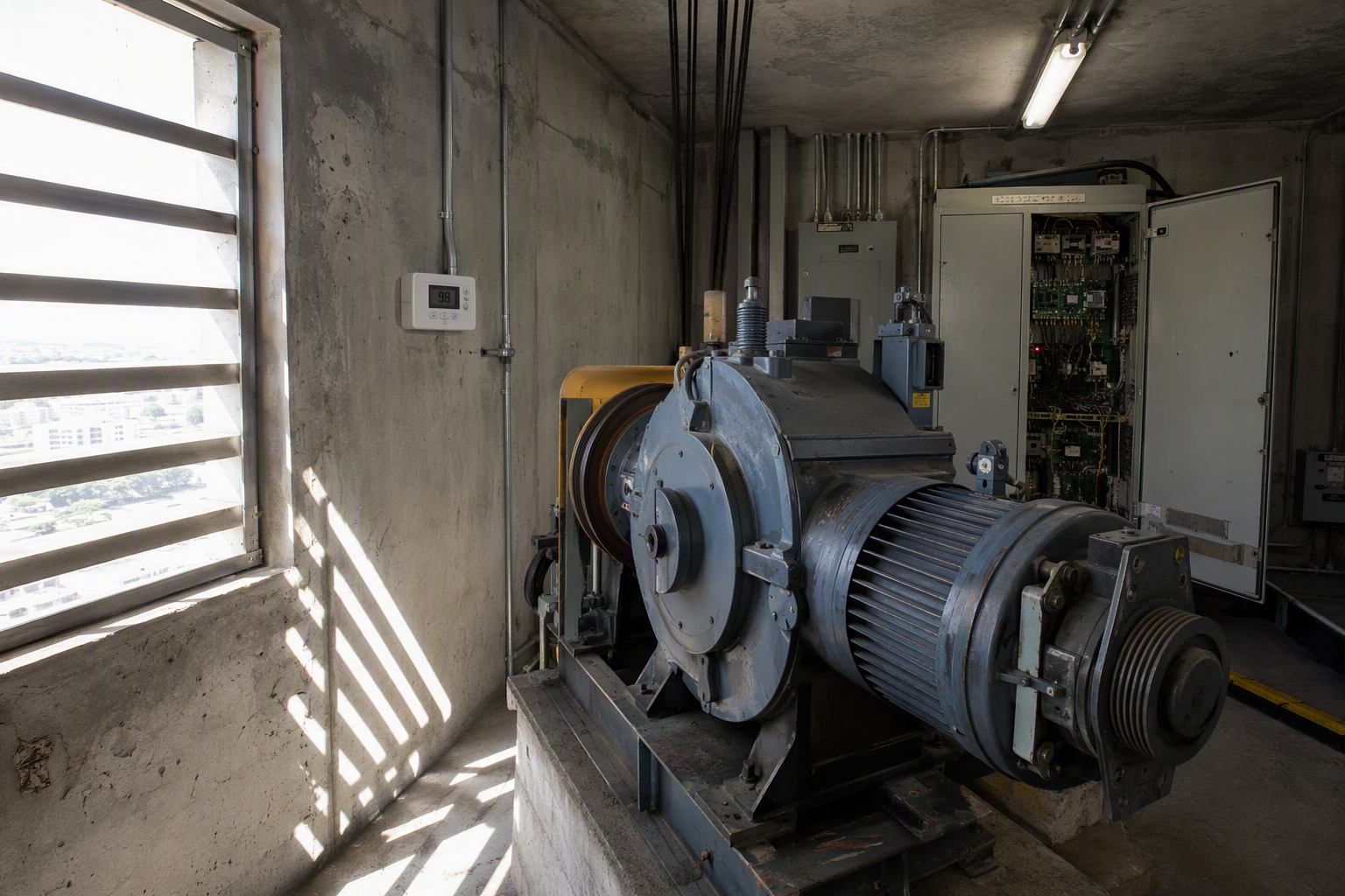 Houston elevator machine room in summer showing traction motor, VFD controller cabinet, and high ambient temperature conditions that cause overheating inspection failures