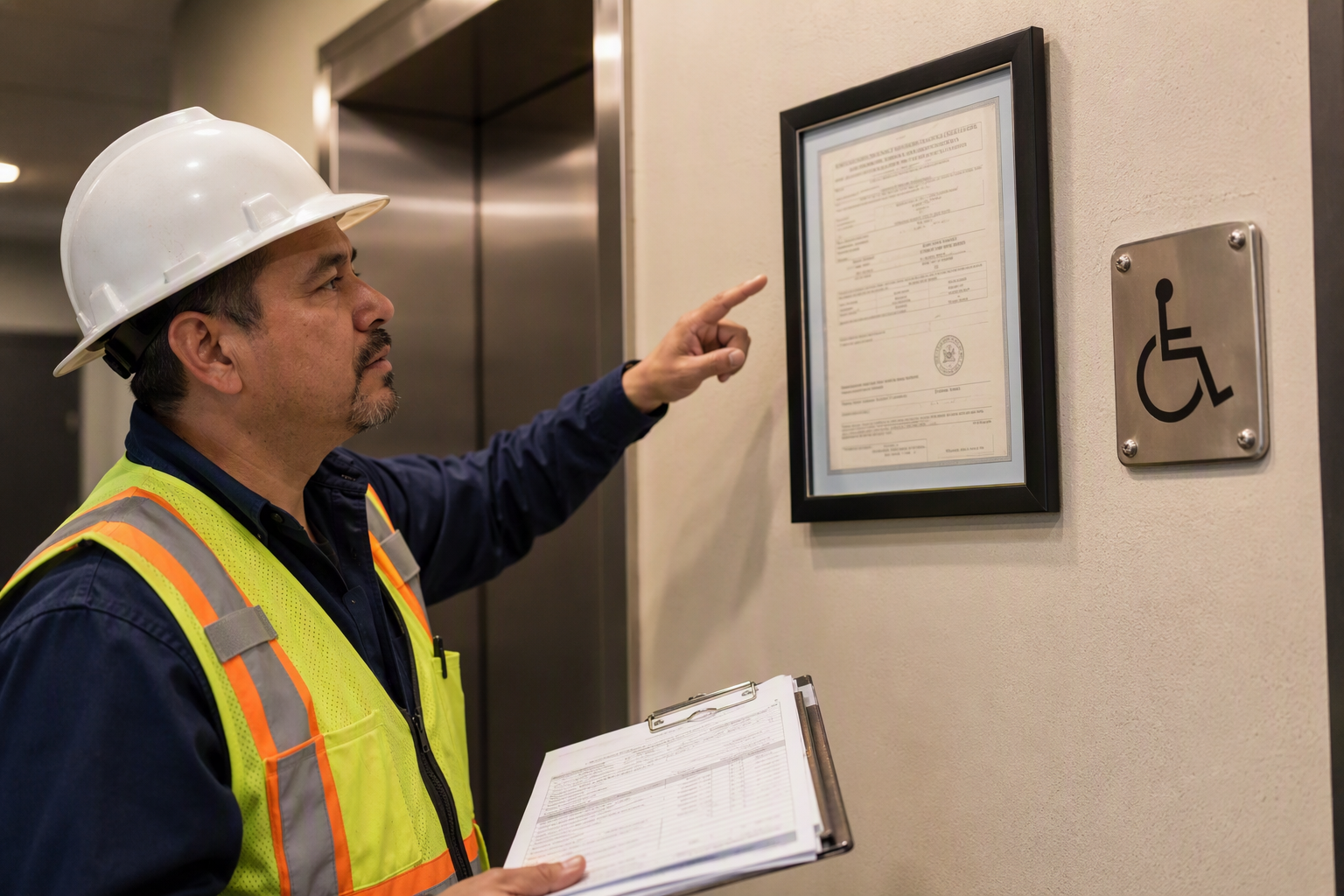 Building inspector reviewing elevator compliance certificate and ADA placard in a Dallas TX commercial corridor, representing federal and ASME A17.1 code requirements.