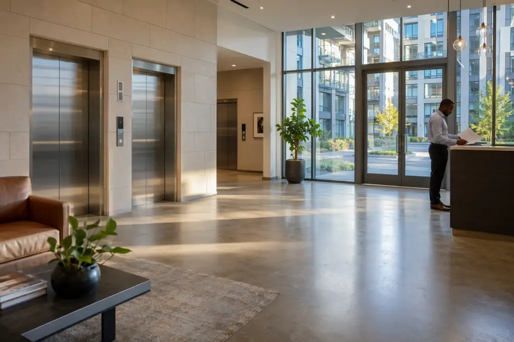 Apartment building lobby in Houston TX showing two ADA-compliant elevator doors and a third bank, illustrating how many elevators a residential building needs by code.