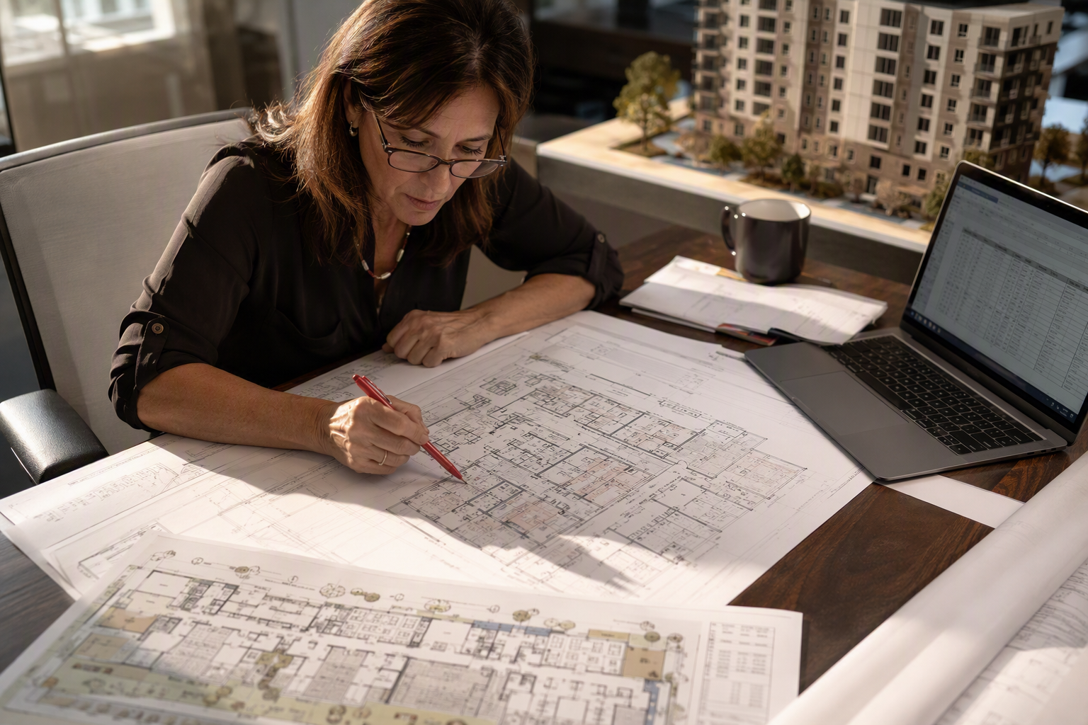 Property developer in San Antonio TX reviewing apartment and hotel floor plans to determine how many elevators are required by code for each building type.