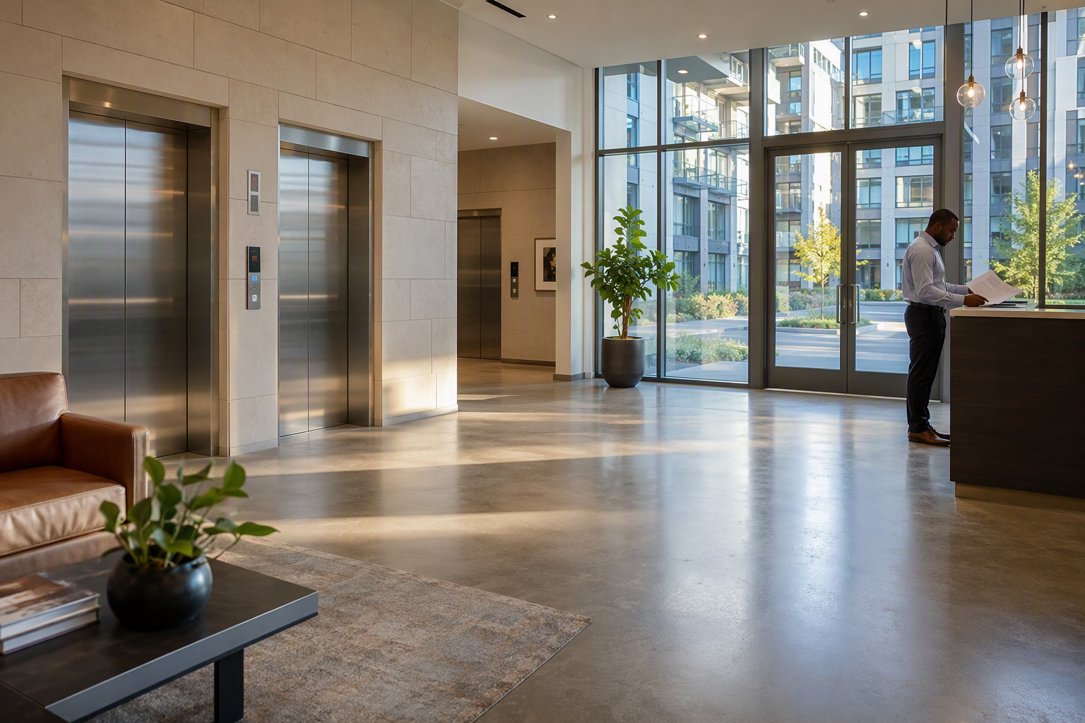 Apartment building lobby in Houston TX showing two ADA-compliant elevator doors and a third bank, illustrating how many elevators a residential building needs by code.