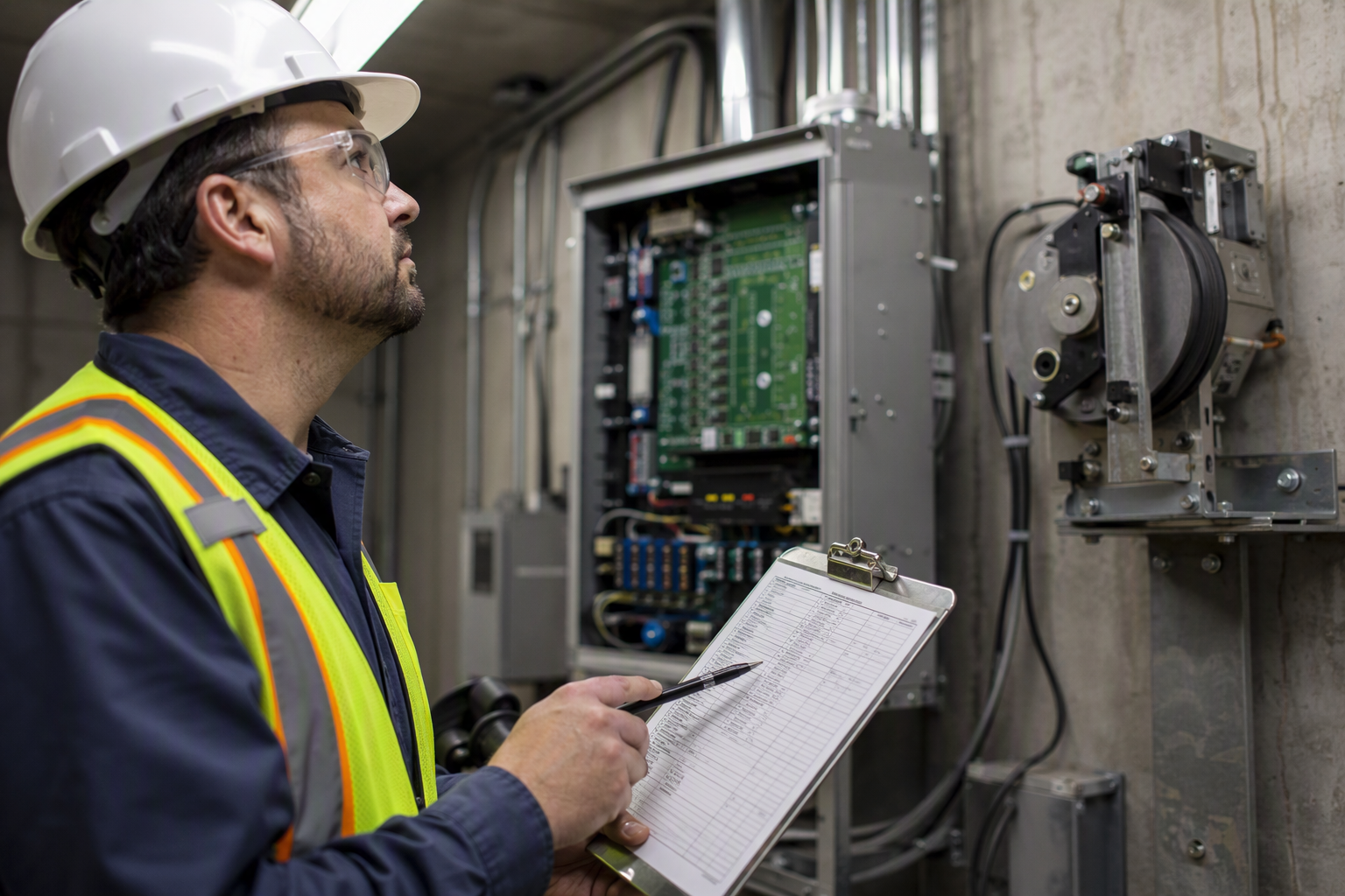 Licensed elevator inspector reviewing ASME A17.1 inspection checklist on clipboard inside a Dallas commercial building machine room with traction controller