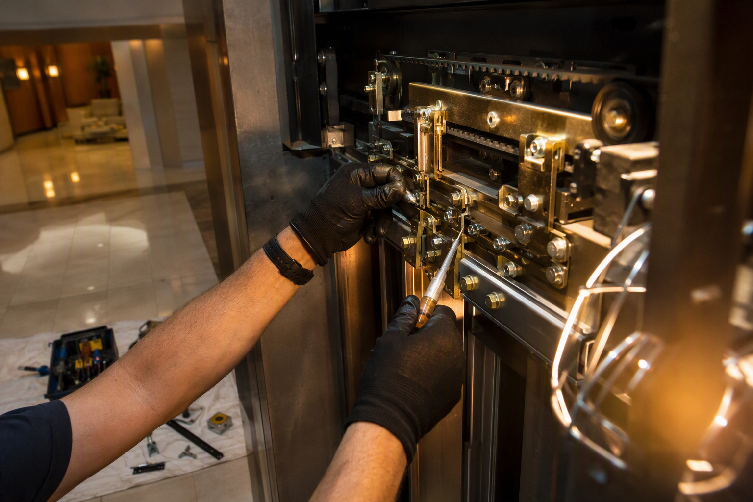 Elevator technician lubricating and adjusting door operator hardware on a commercial elevator in a San Antonio office building as part of preventive maintenance