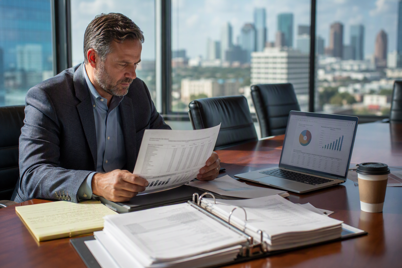 Facility manager reviewing elevator repair and maintenance budget spreadsheets and service contracts at a Houston commercial office conference table