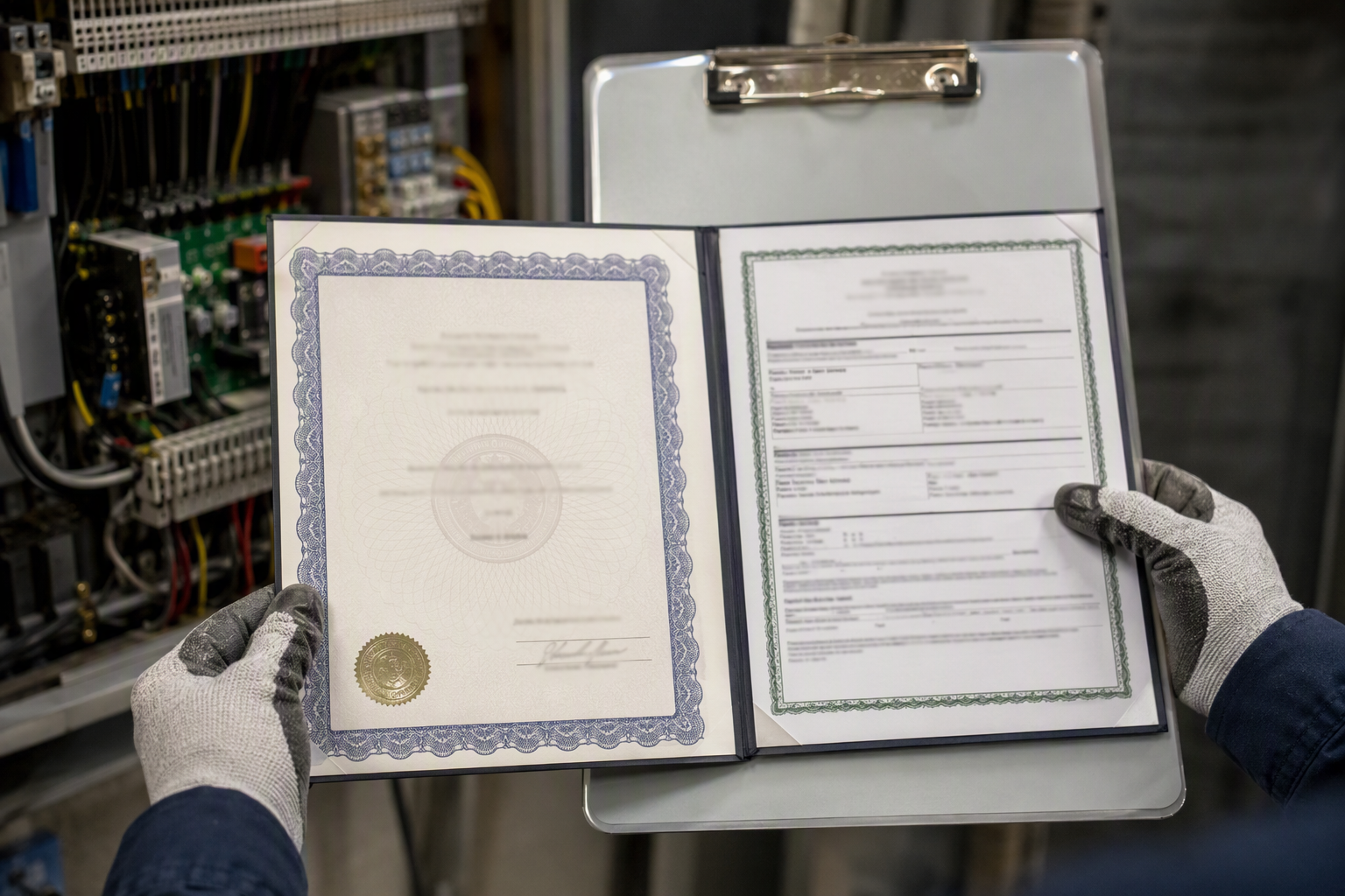 Elevator technician holding state contractor license and insurance certificate in a machine room — credentials to verify when comparing elevator service companies