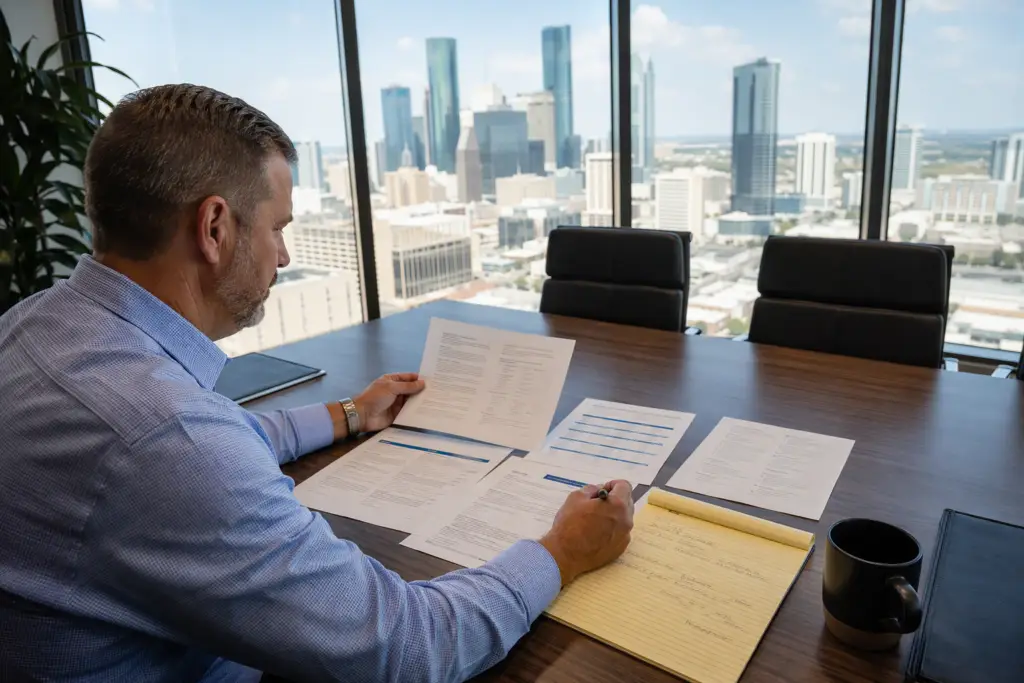 Building manager comparing elevator service company contracts at a Houston office desk before signing a maintenance agreement — practical vendor evaluation checklist