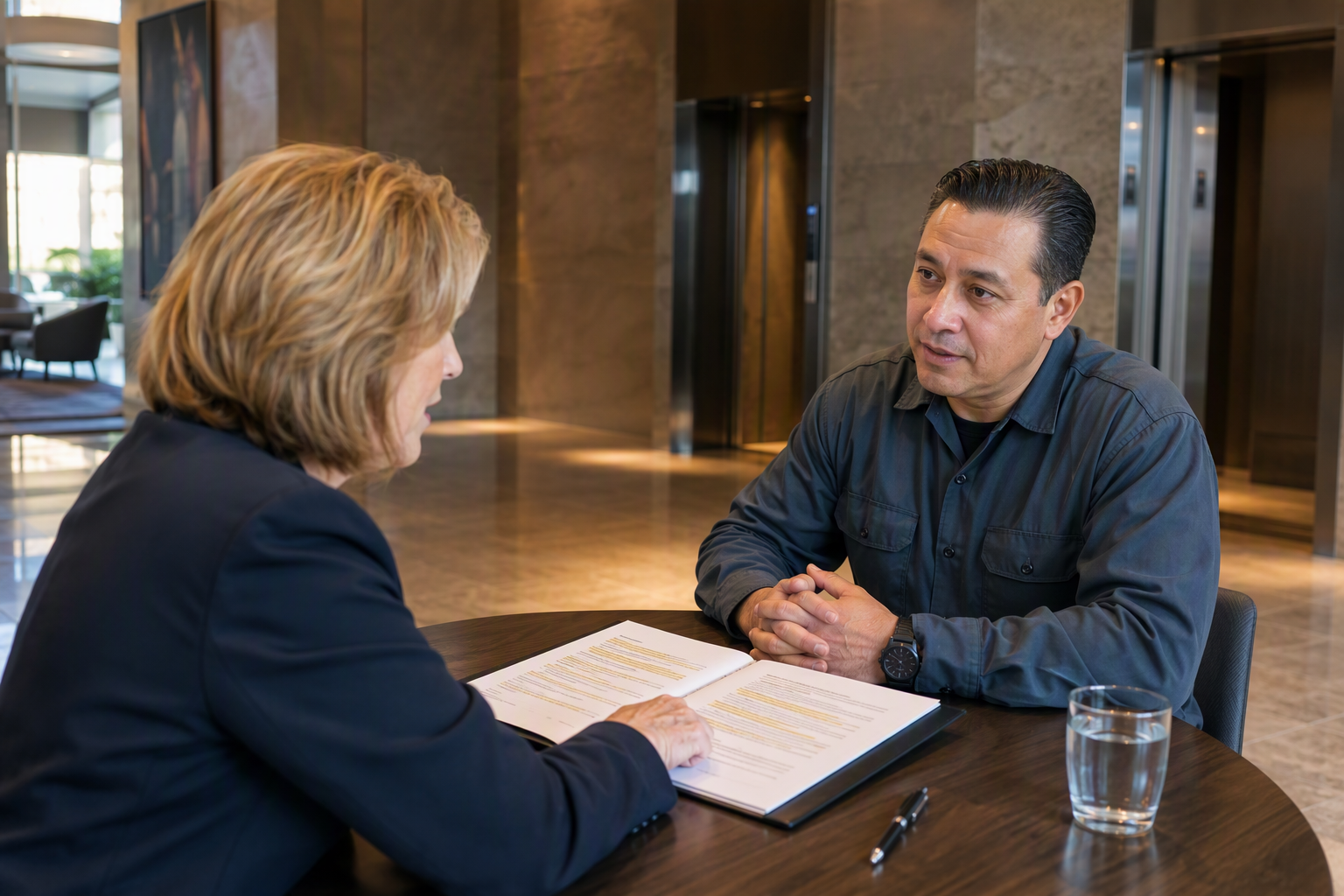 Property manager and elevator service representative reviewing a maintenance contract in a Dallas commercial lobby before signing — understanding coverage and exclusions
