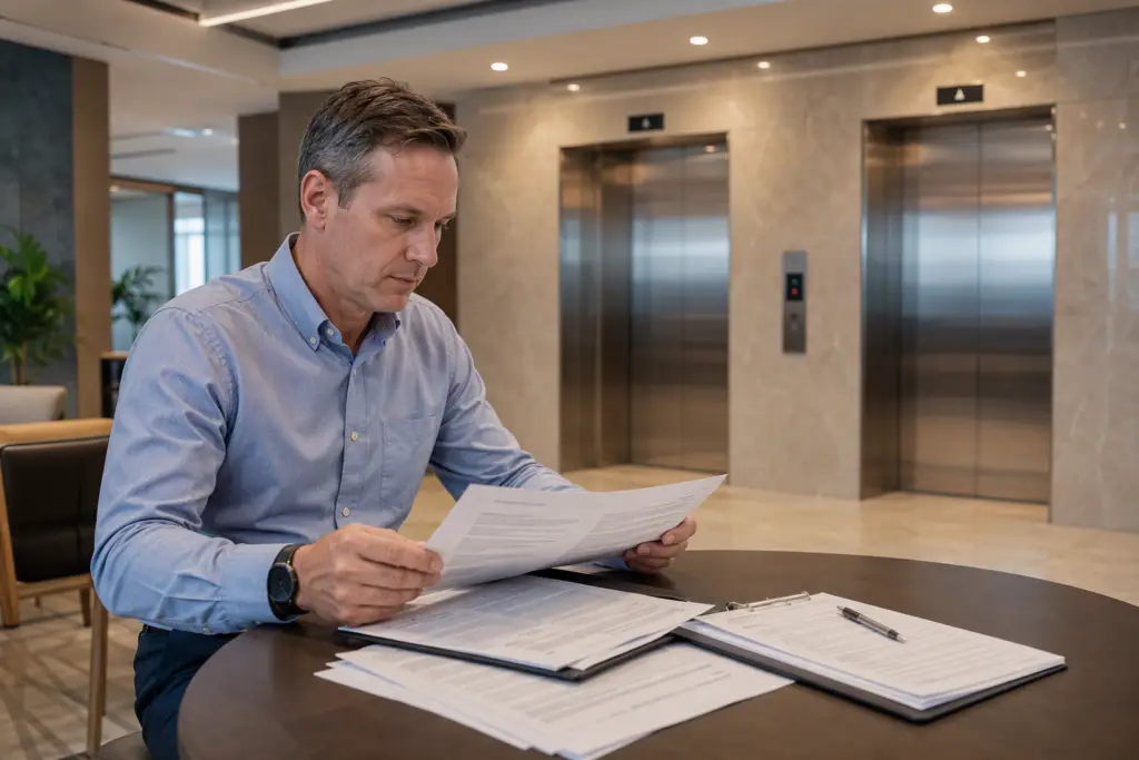 Facility manager reviewing elevator service vendor contracts at a Houston office building lobby table with stainless steel elevator doors visible in background