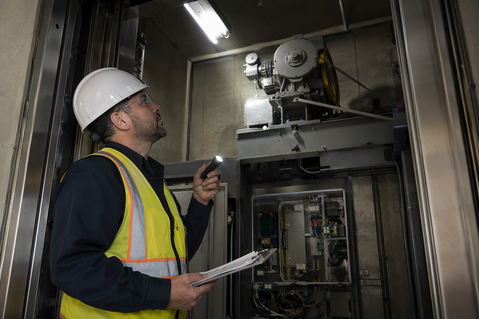 Licensed elevator inspector with clipboard and flashlight examining traction machine and controller in a commercial building machine room during an independent assessment