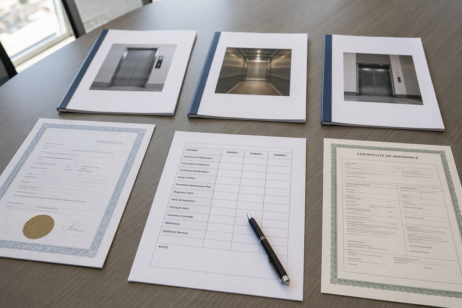 Elevator vendor evaluation checklist, competing service proposals, contractor license verification, and certificate of insurance documents arranged on a conference room table