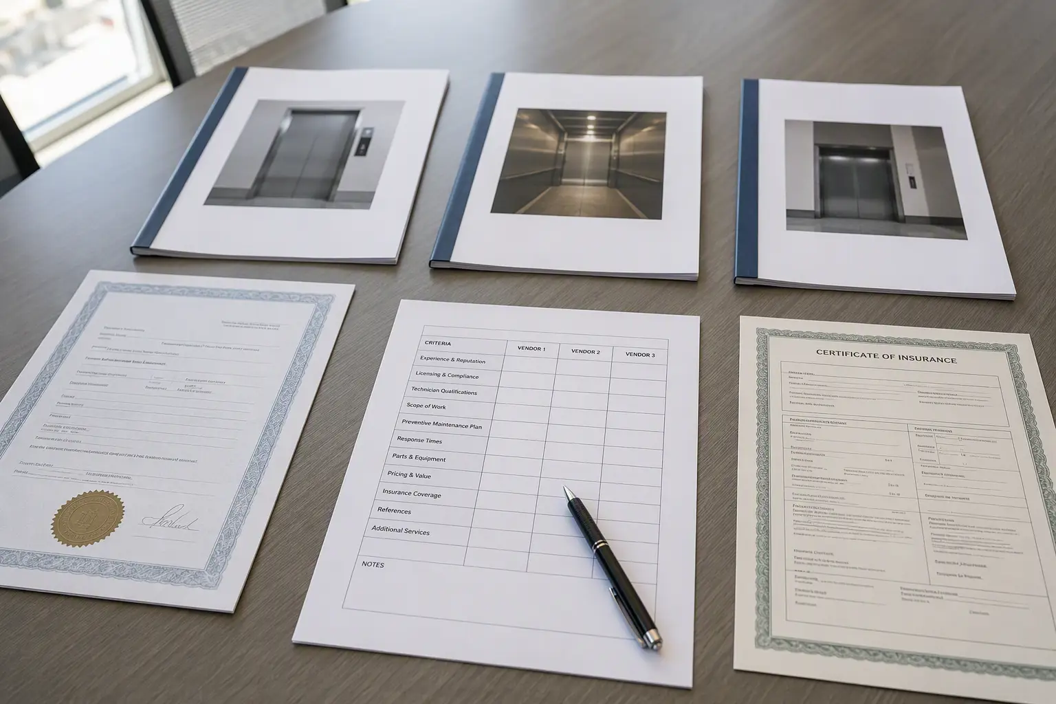 Elevator vendor evaluation checklist, competing service proposals, contractor license verification, and certificate of insurance documents arranged on a conference room table