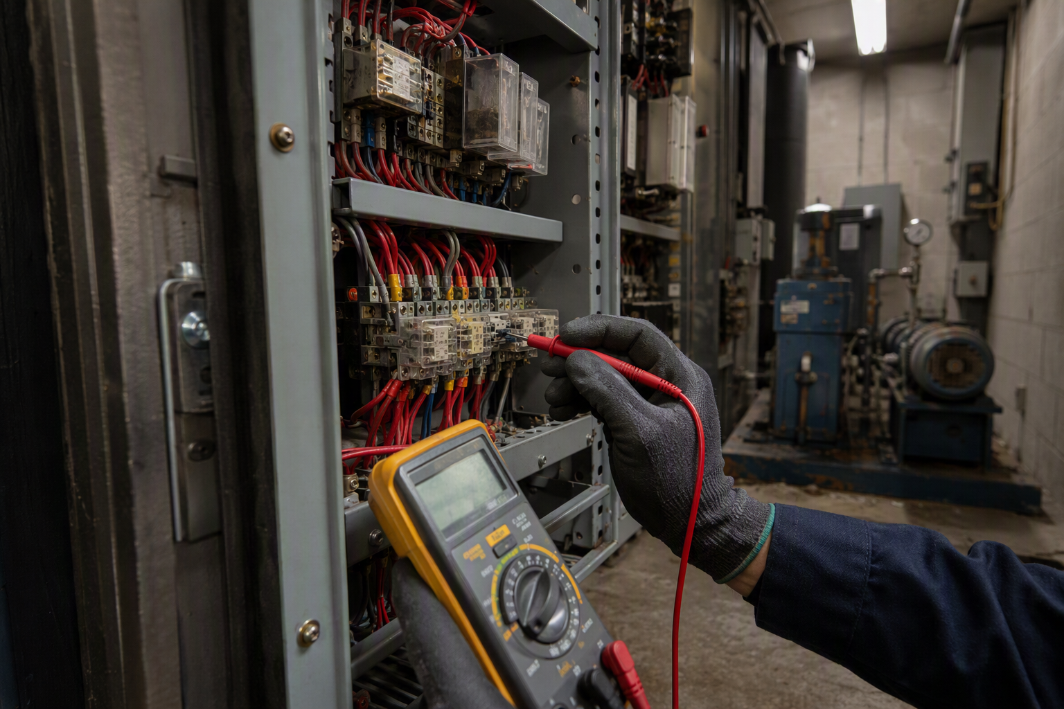 Elevator Condition Assessment — Aging Controller and Drive Inspection Elevator technician using a multimeter to assess aging relay-logic controller in a Dallas machine room, identifying components that need modernization rather than repair