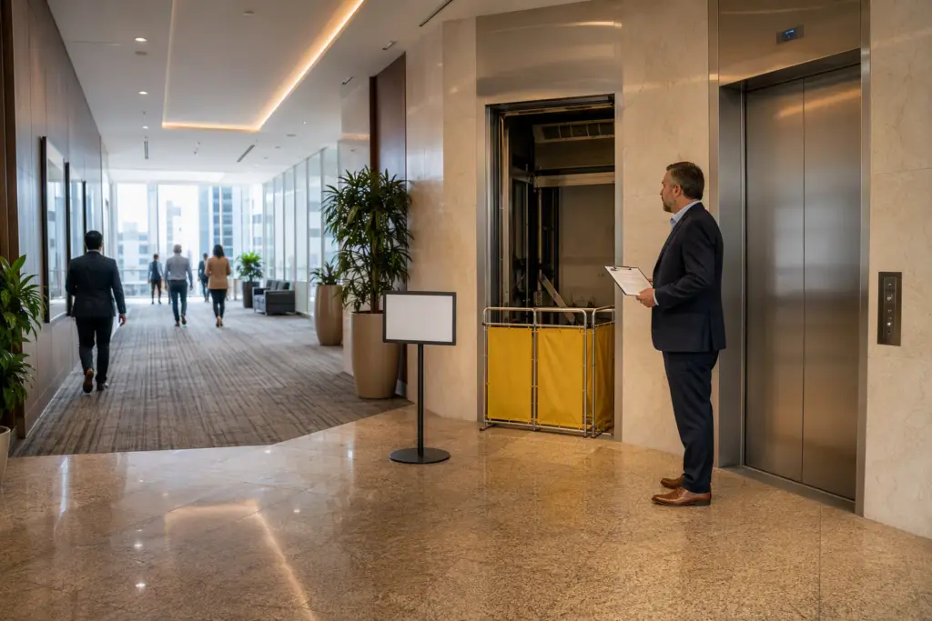Property manager reviewing elevator modernization project schedule in a Houston commercial building corridor with one cab safely taken out of service during phased construction