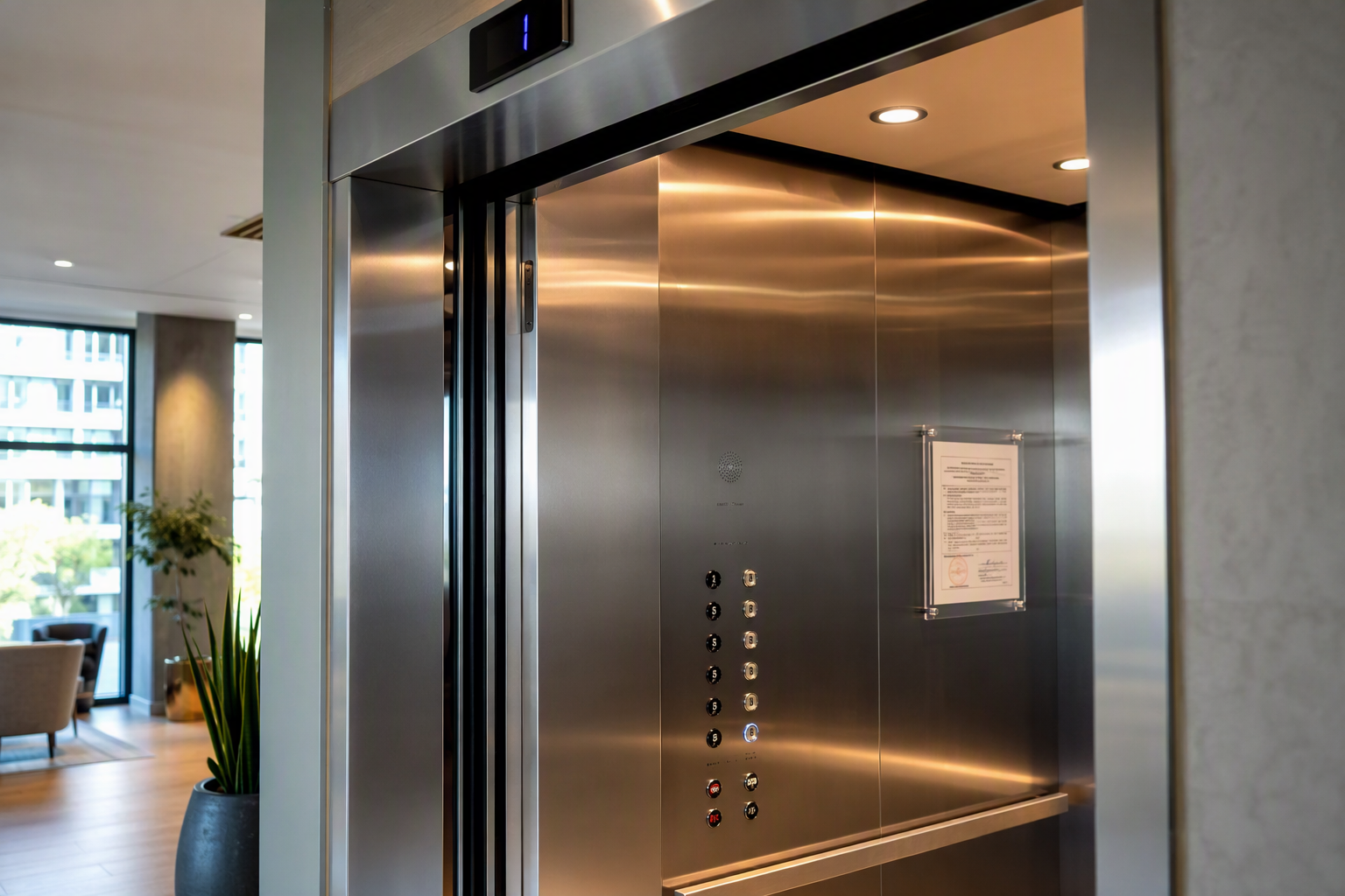 Completed Elevator Modernization — Updated Cab Interior and Compliance Certificate Newly modernized elevator cab interior in an Austin residential building showing updated stainless steel panels, LED lighting, ADA-compliant button panel, and posted state inspection certificate