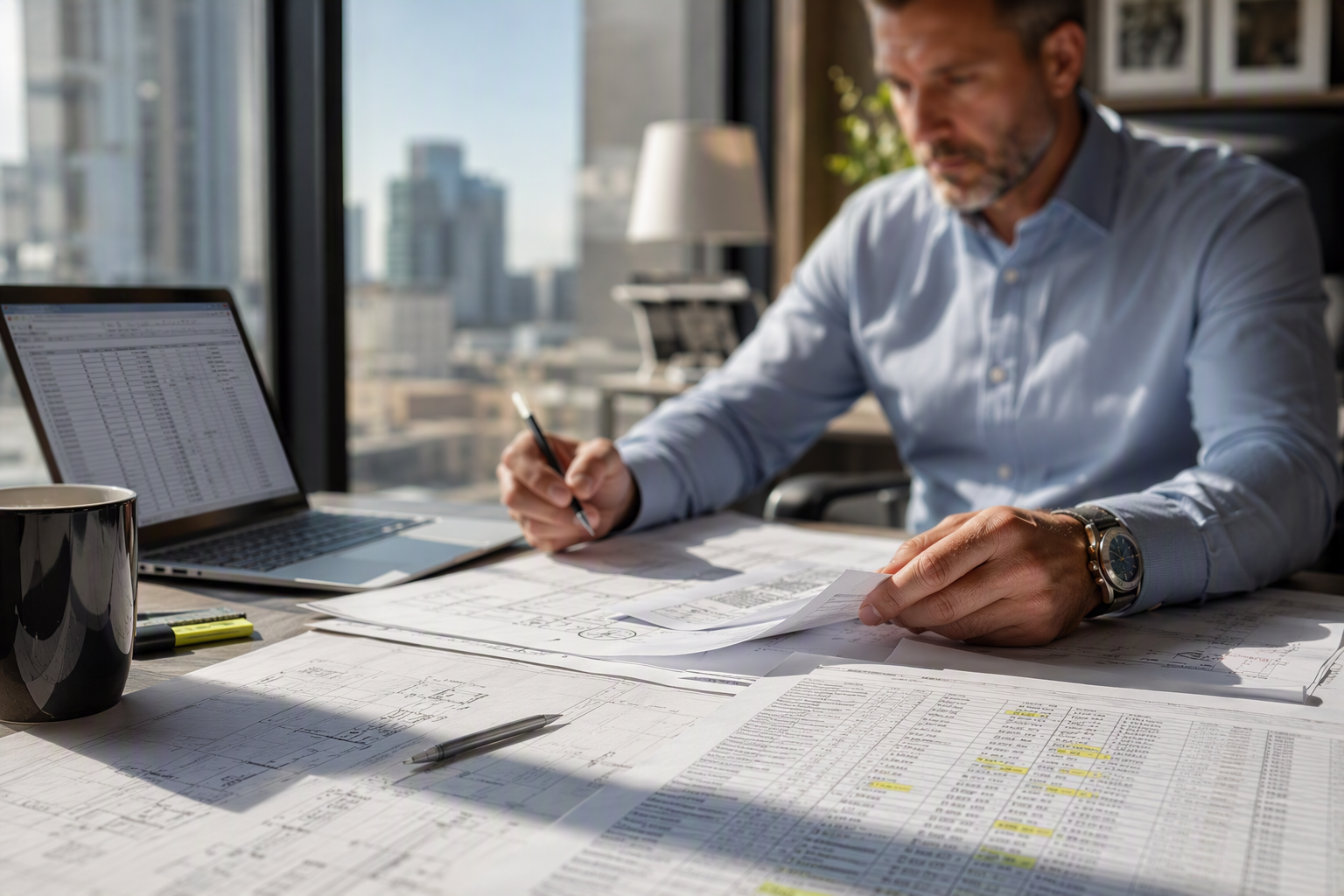 Facilities manager reviewing commercial elevator installation cost estimates and bid documents at a Dallas office, comparing hydraulic versus traction elevator pricing factors.