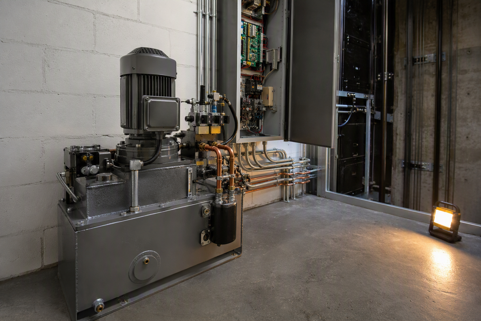 Hydraulic Elevator Machine Room Equipment During Retrofit Installation Hydraulic elevator power unit and controller cabinet inside a machine room during a new elevator installation in a Los Angeles commercial building, showing how equipment type affects installation time
