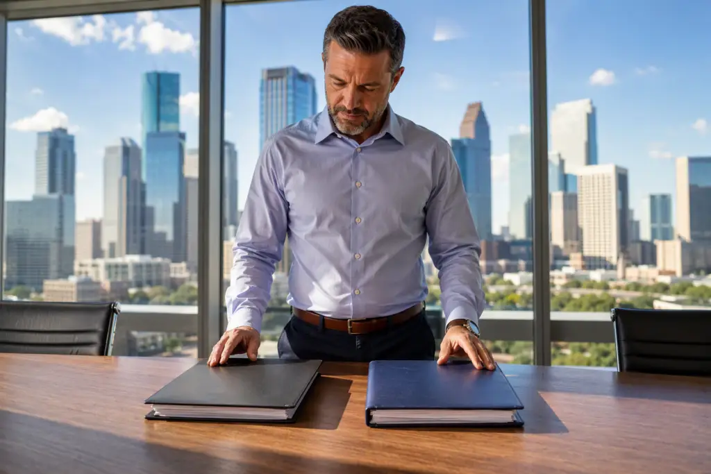 Building facilities manager comparing OEM vs independent elevator service contracts at a desk in a Houston high-rise office, reviewing cost and coverage terms side by side.