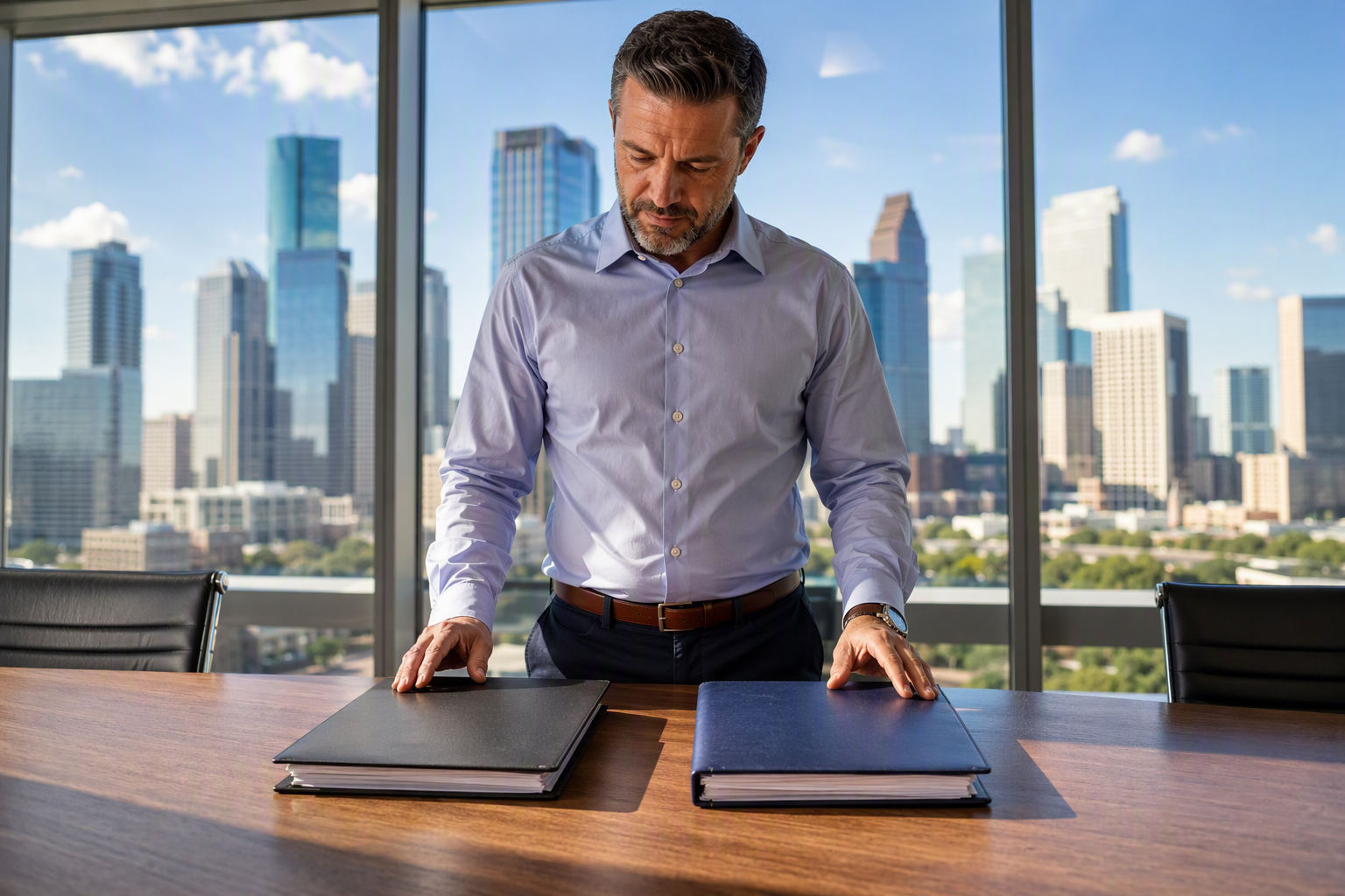 Building facilities manager comparing OEM vs independent elevator service contracts at a desk in a Houston high-rise office, reviewing cost and coverage terms side by side.