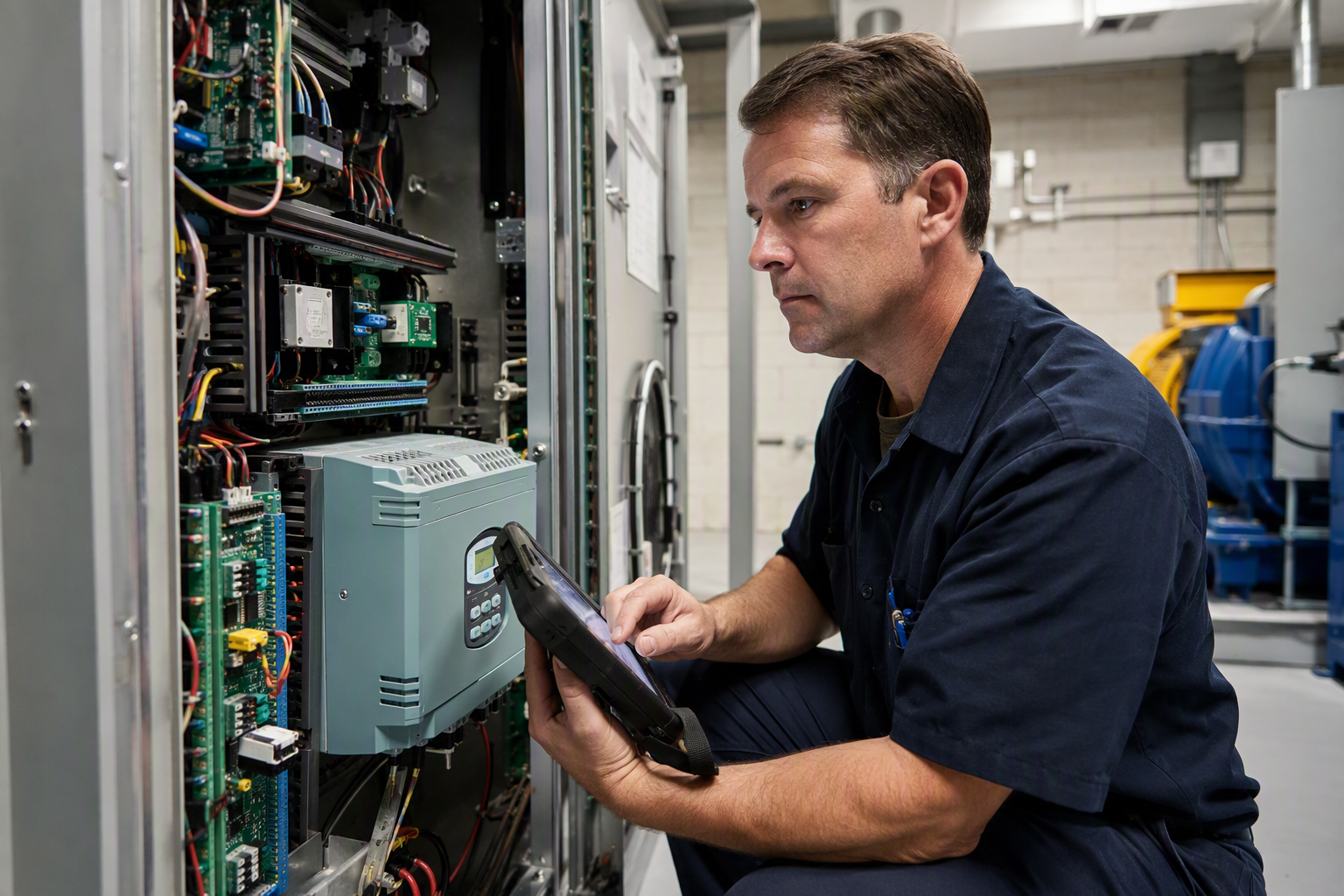 Independent elevator service technician using a diagnostic tablet to service a multi-brand elevator controller in a Dallas commercial building machine room.