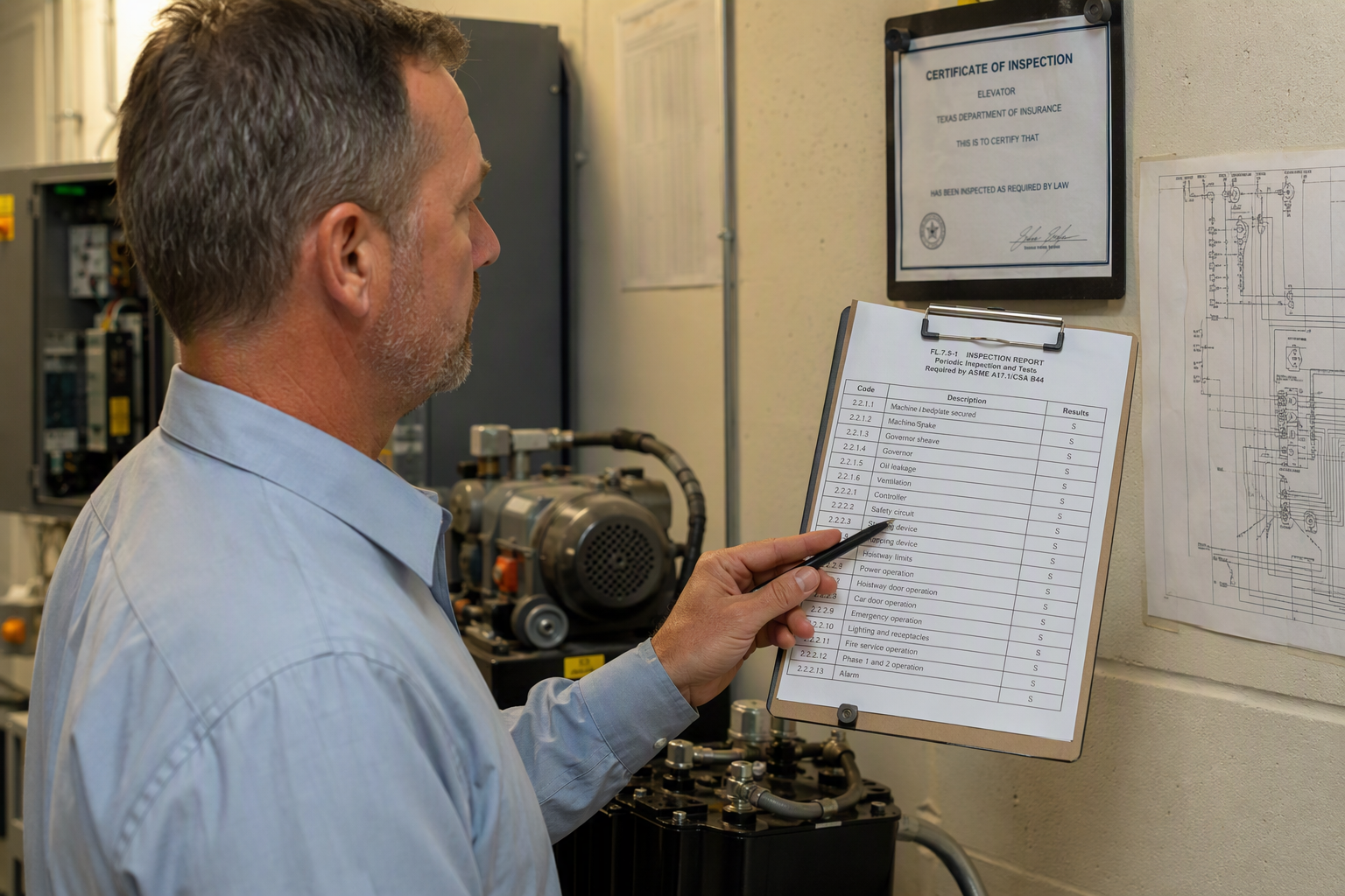 Texas Elevator Code Inspection Review Elevator inspector reviewing ASME A17.1 compliance documentation in a Texas commercial building machine room during a state-mandated annual inspection