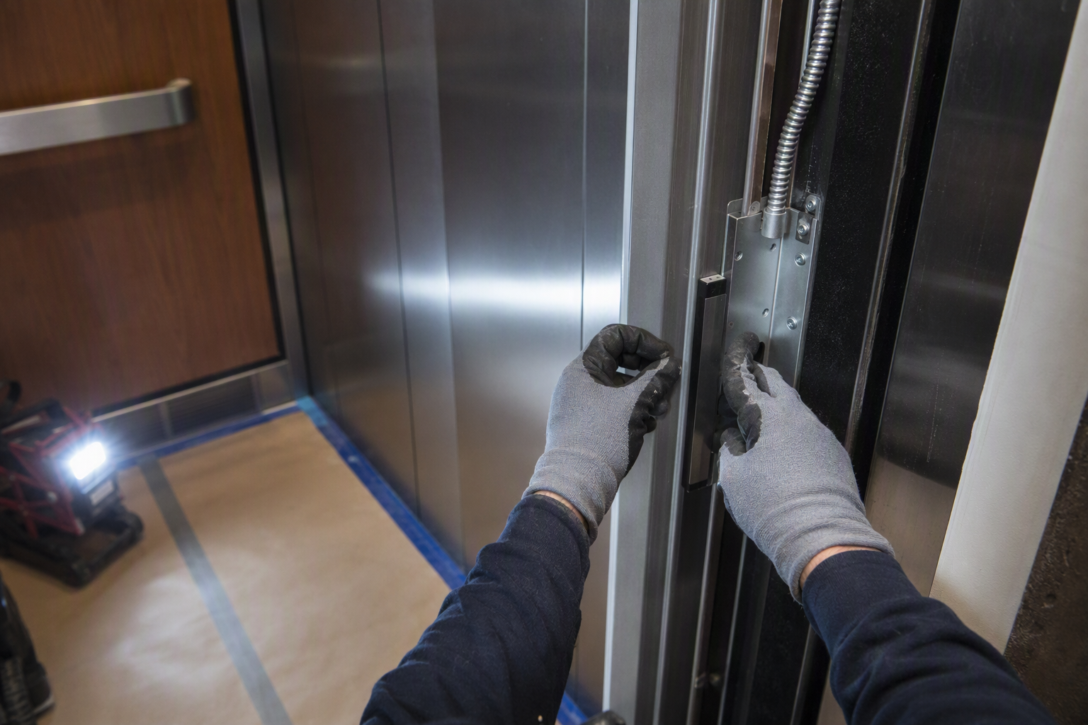 Door Reopening Device Upgrade Installation Elevator technician installing a new door reopening device during a required code compliance upgrade inside a Texas healthcare building elevator cab
