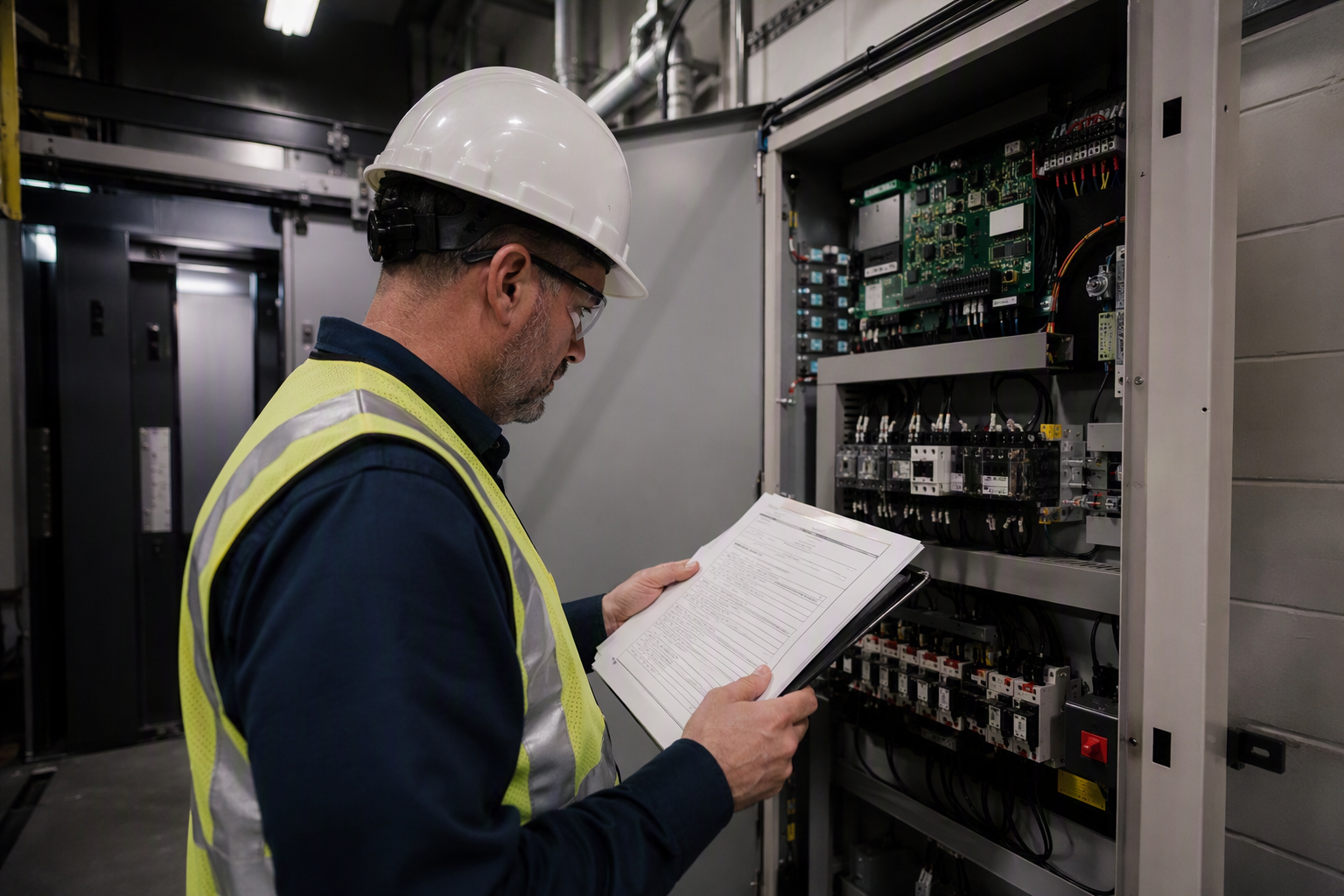Licensed elevator inspector reviewing a compliance checklist in a Texas machine room during a new installation inspection, as required by the Texas Department of Insurance elevator safety program.