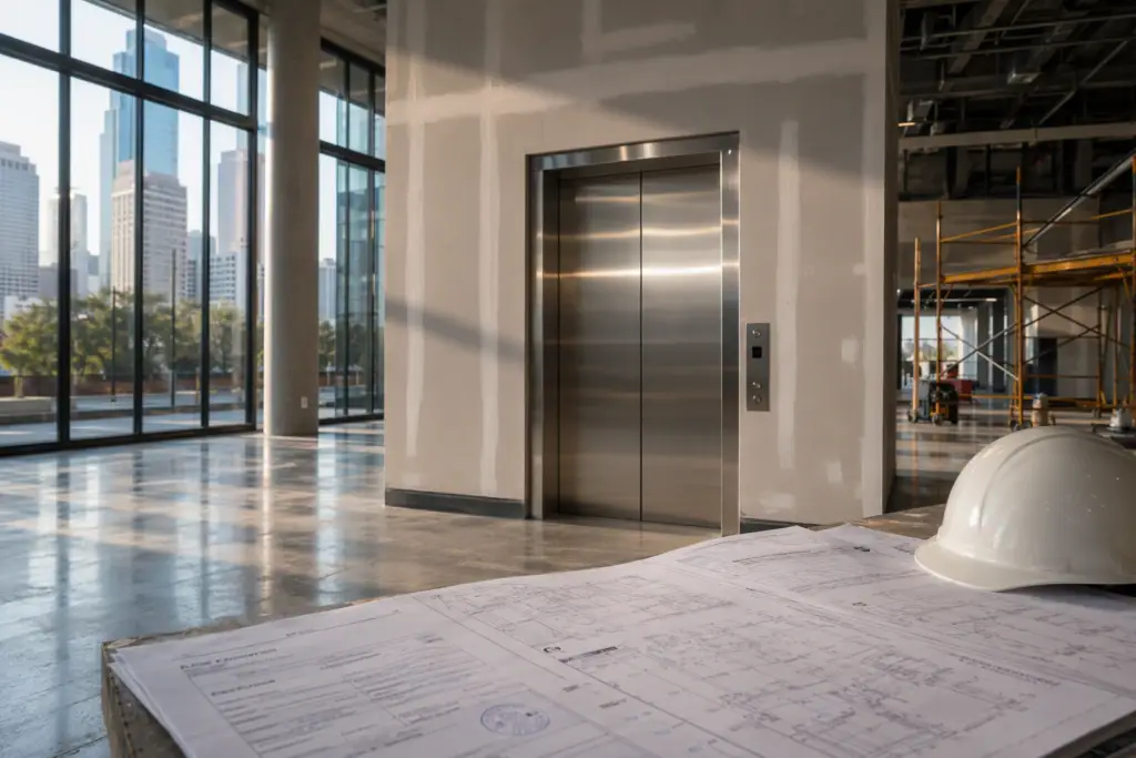 New commercial elevator installation in a Houston TX lobby with stamped permit drawings on a site table, illustrating the Texas elevator permit and inspection scheduling process.