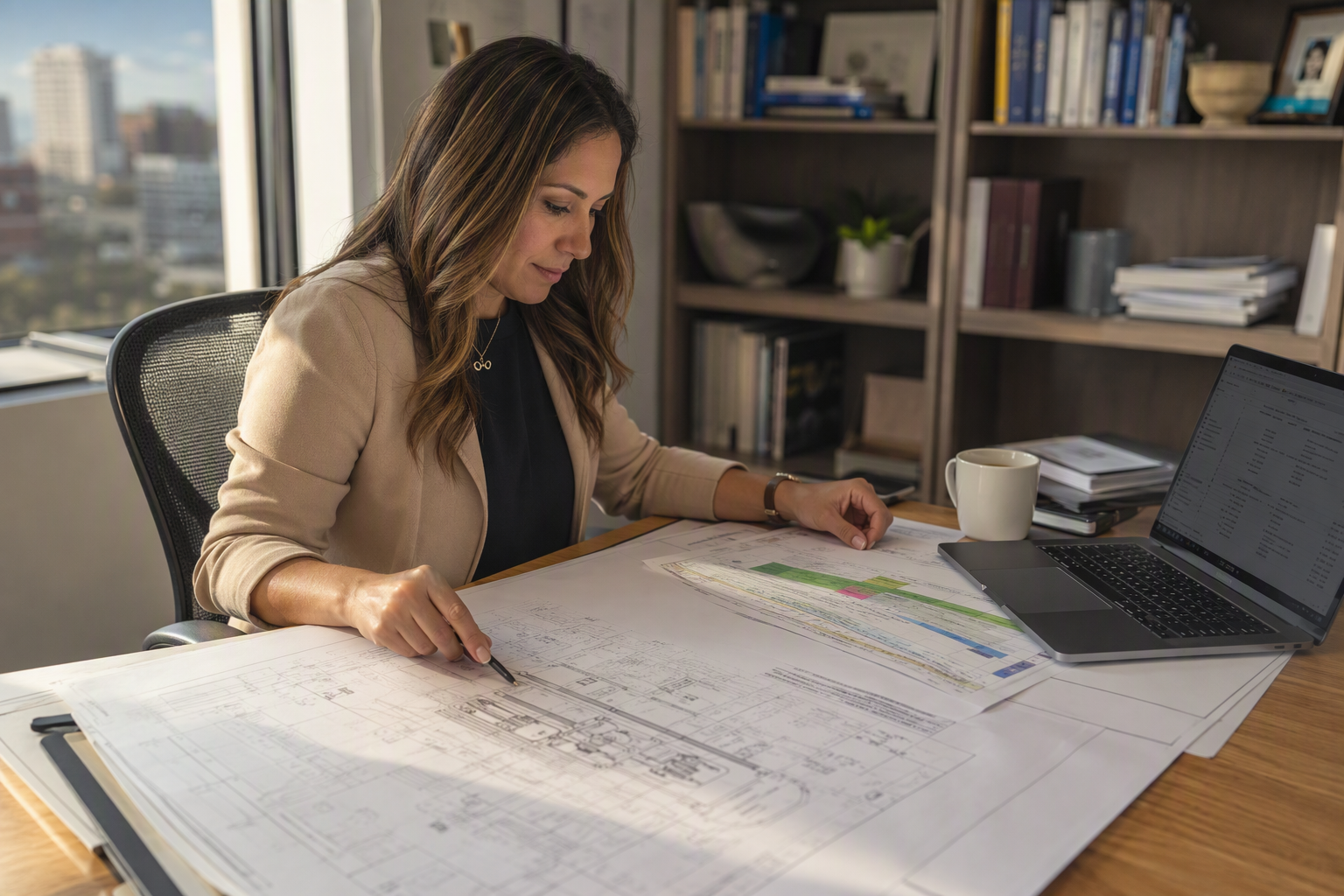A Houston building manager reviews elevator engineering drawings and Texas municipal plan-review timelines at her desk, representing the permit application preparation stage for a new elevator install