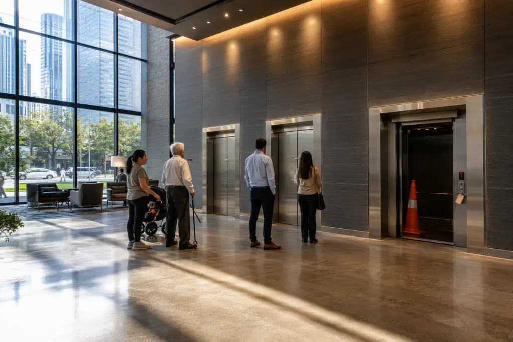 Out-of-service elevator in Houston multifamily apartment lobby affecting tenant access, illustrating how elevator downtime impacts tenant retention and lease renewals.