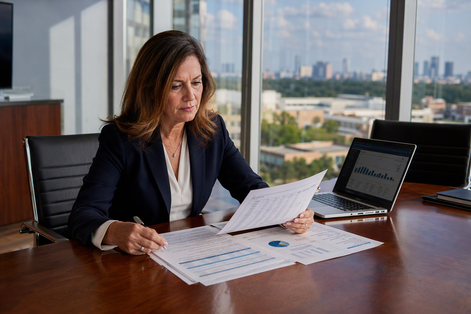 Houston building property manager reviewing elevator service contract alongside lease renewal data, connecting elevator reliability to tenant retention decisions.