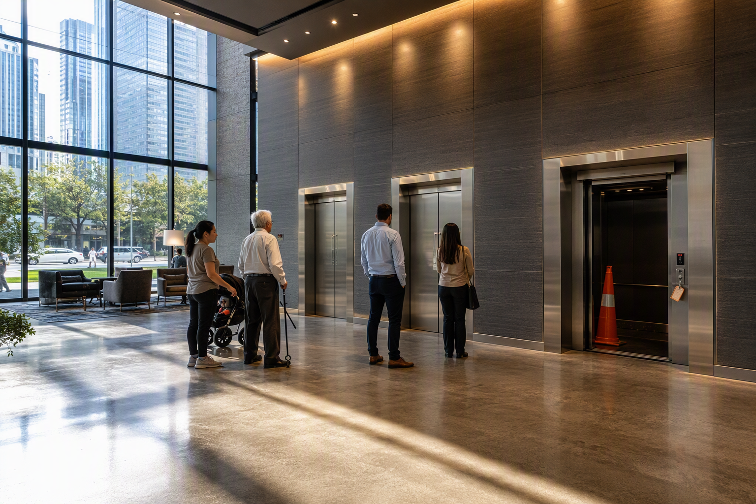 Out-of-service elevator in Houston multifamily apartment lobby affecting tenant access, illustrating how elevator downtime impacts tenant retention and lease renewals.