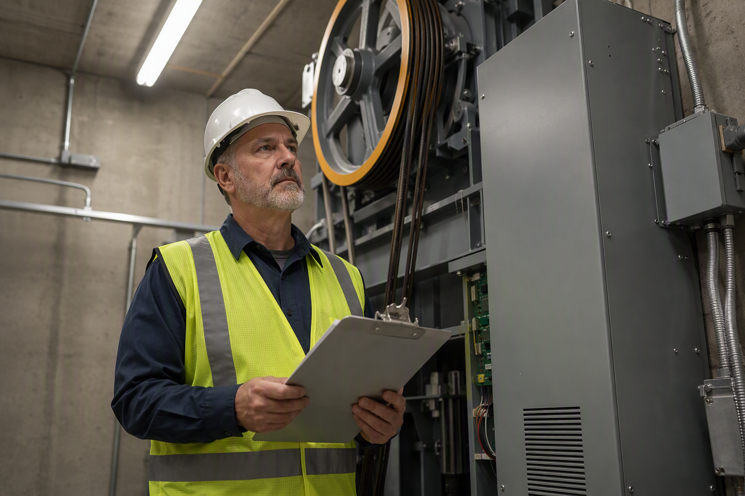State elevator inspector reviewing compliance documentation in a commercial building machine room in Texas during a TDI elevator safety inspection