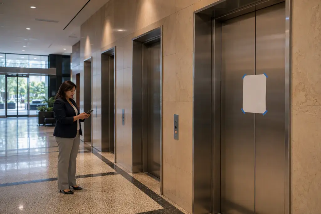 Building elevator shut down by state inspector with official notice posted on stainless steel door in Houston TX commercial office lobby
