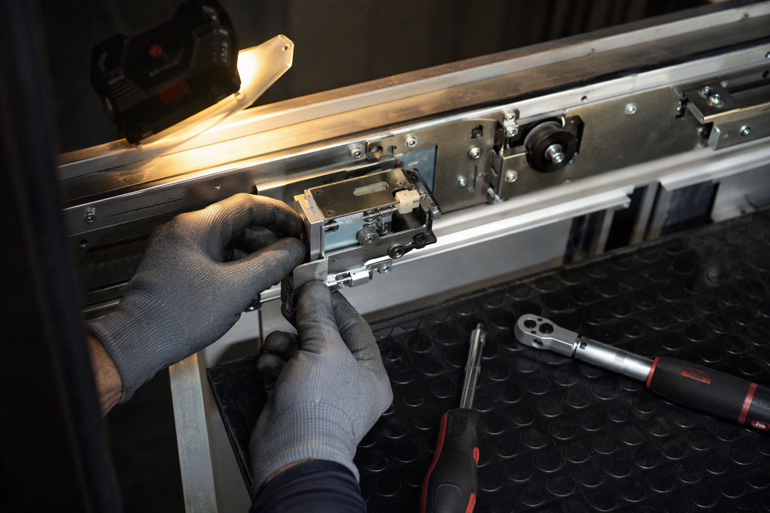 Elevator technician repairing a broken door interlock mechanism — one of the most common reasons a building elevator fails state inspection and gets shut down