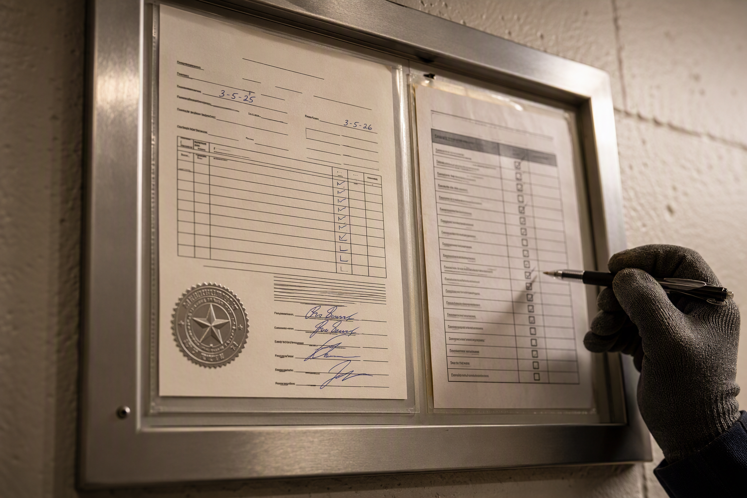 ADA Elevator Inspection Documentation Elevator inspection certificate and ADA compliance checklist posted in a Texas commercial building, reviewed by a licensed elevator inspector during a code compliance audit