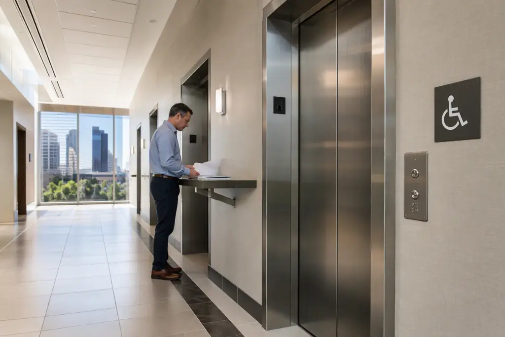 ADA-compliant elevator lobby in a Houston commercial building showing Braille call buttons at correct height and accessible floor clearance for building compliance