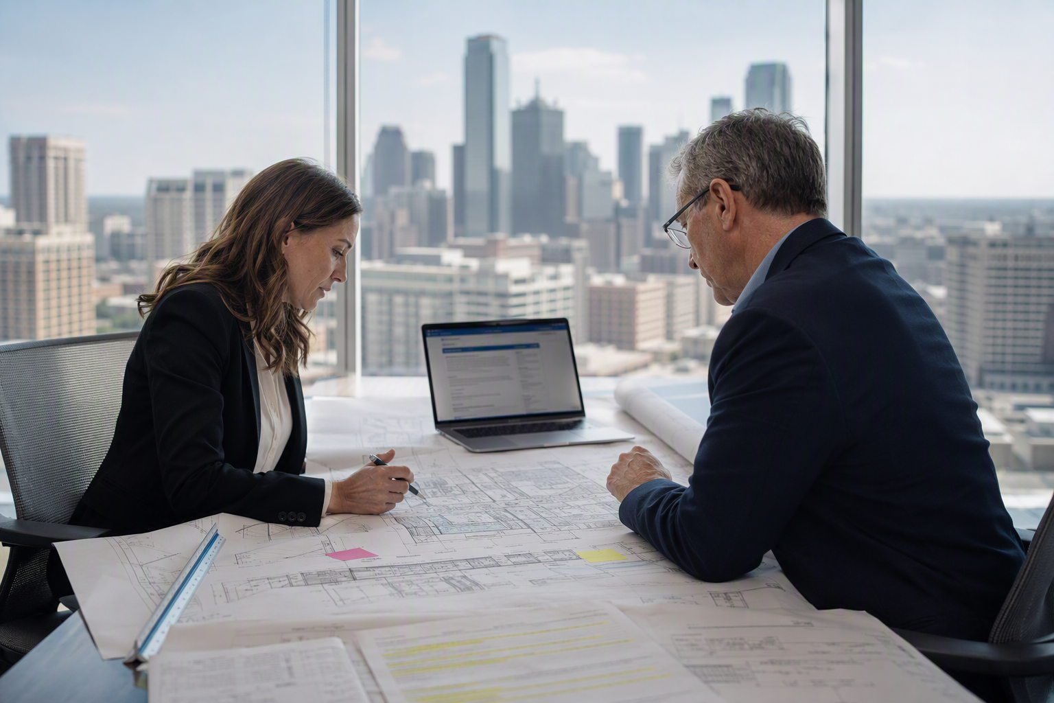Architect Reviewing ADA Elevator Plans Architect and building owner in a Dallas office reviewing ADA elevator shaft drawings and compliance documentation to plan accessible elevator installation