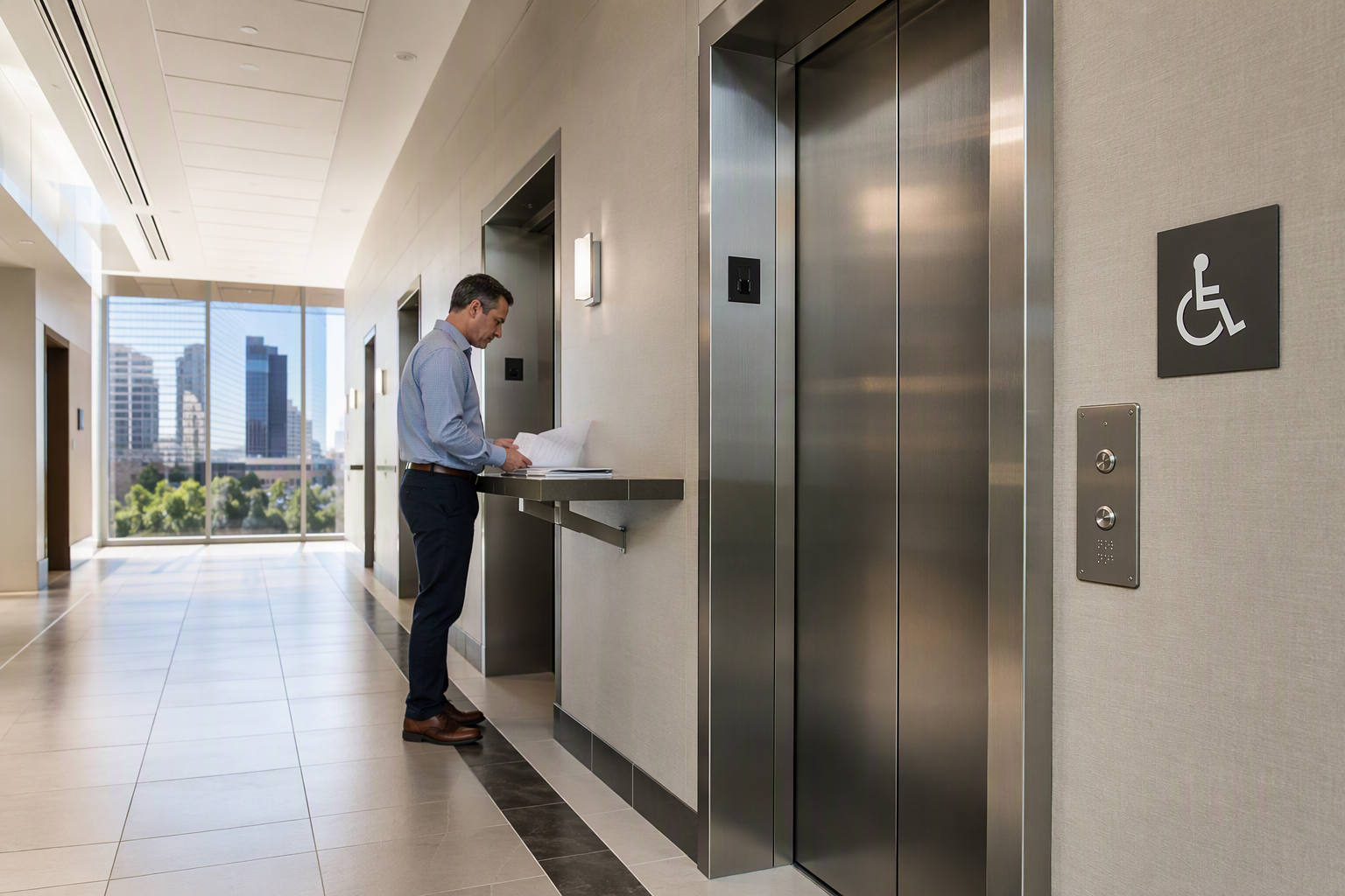 ADA Elevator Compliance Lobby ADA-compliant elevator lobby in a Houston commercial building showing Braille call buttons at correct height and accessible floor clearance for building compliance