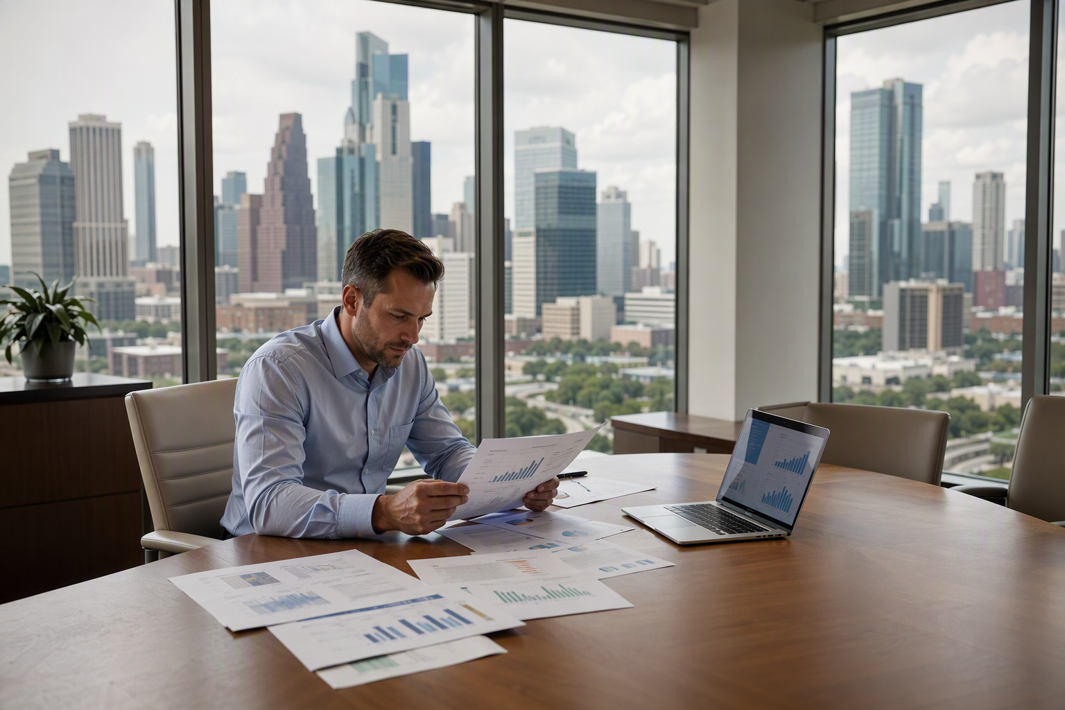 Facility manager reviewing elevator industry statistics reports and data charts at a Houston high-rise office conference table, 2025 research planning session.