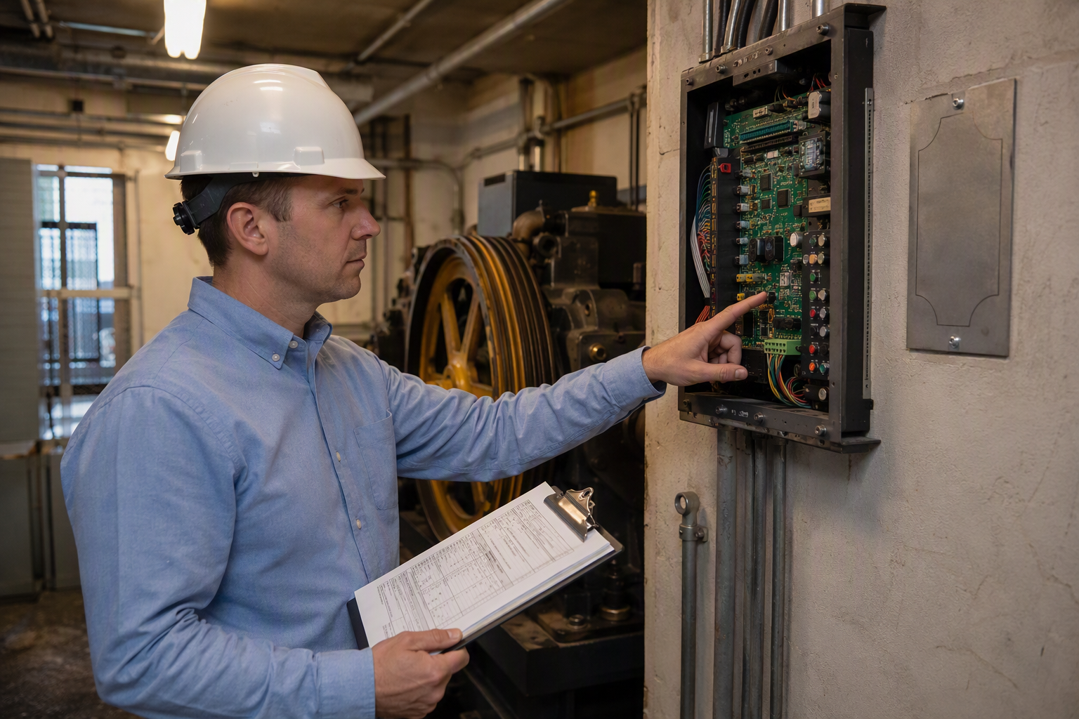 Elevator inspector reviewing compliance documentation in a commercial machine room beside a traction controller, referencing ASME safety code standards for 2025 industry data.