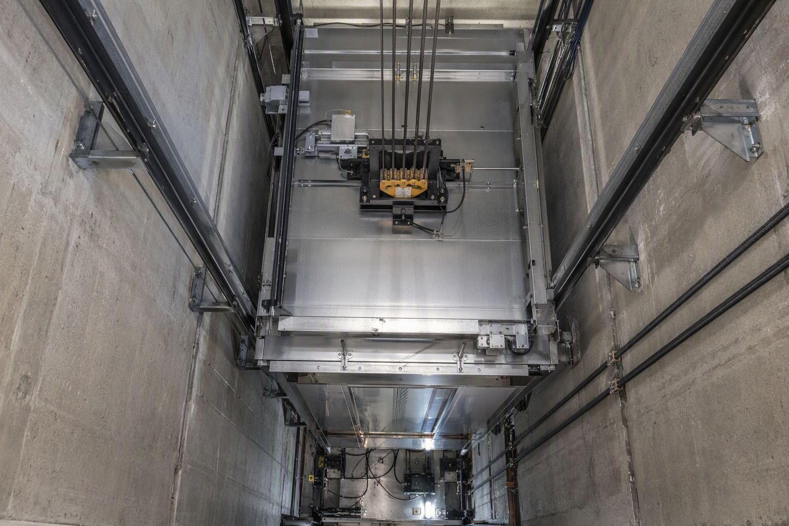 Overhead view into commercial elevator hoistway showing cab roof, guide rails, and hoist cables representing the 900,000-unit U.S. installed elevator base tracked by NEII statistics.