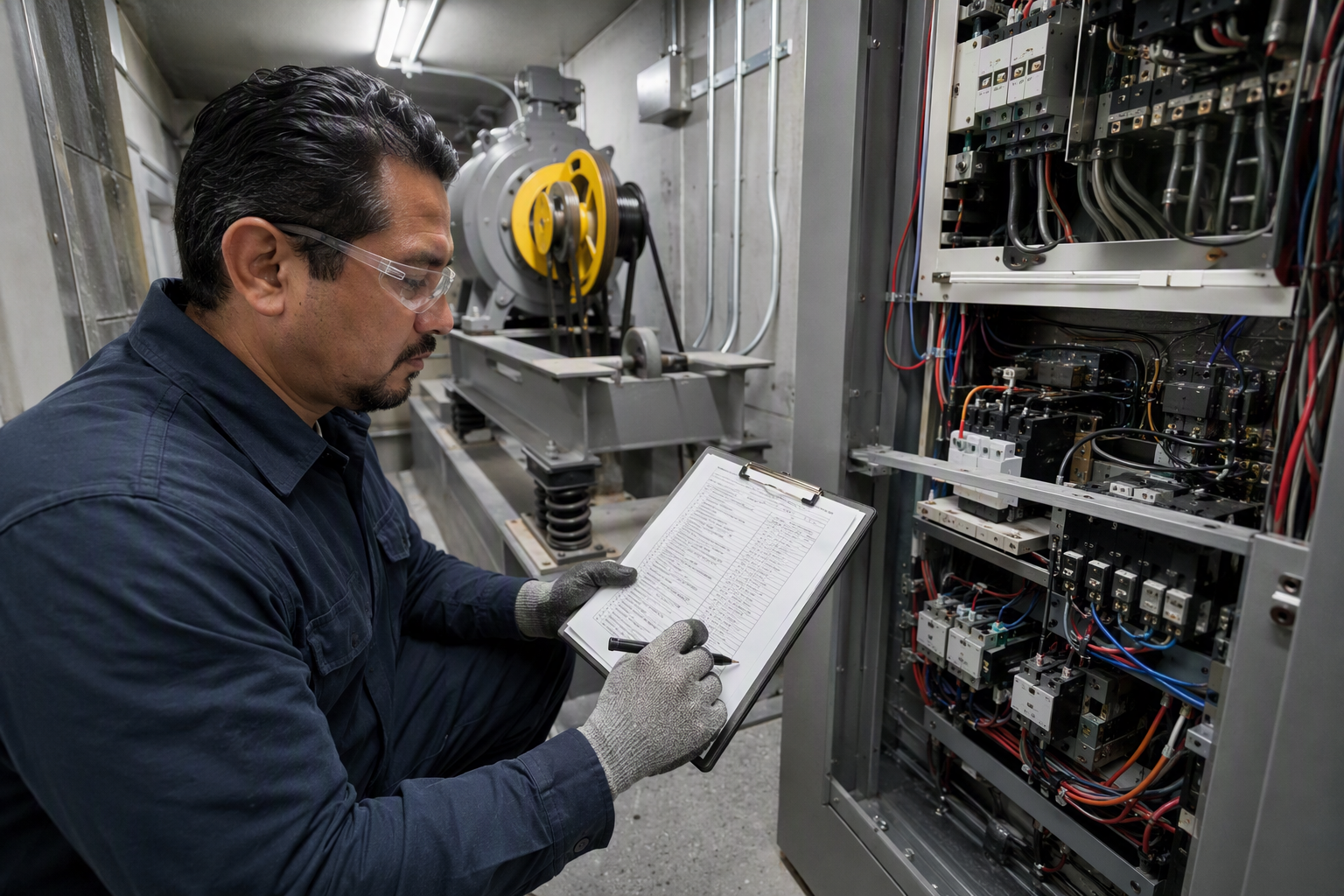 Elevator technician referencing ASME A17.1 code inspection checklist inside a commercial building machine room during a California-required safety inspection