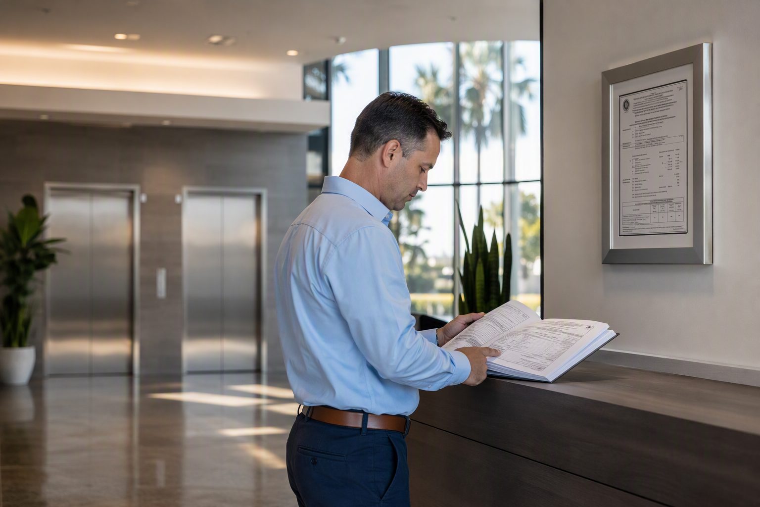 Building compliance inspector reviewing California elevator inspection requirements and operating permit certificate in a Los Angeles commercial office lobby