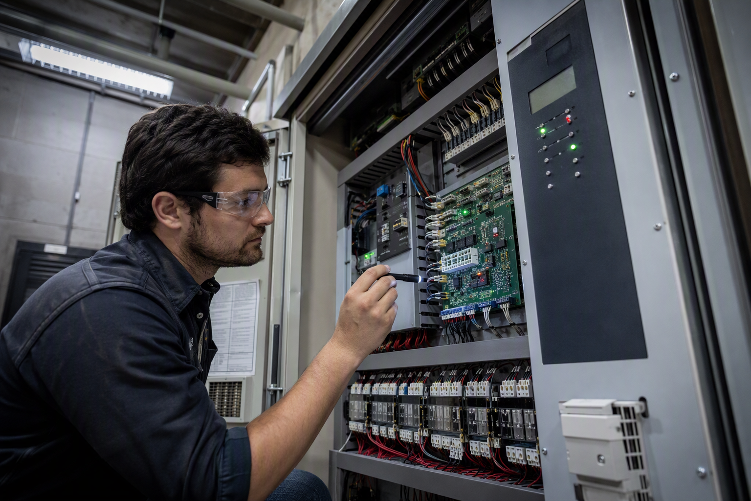 Elevator technician inspecting a hospital elevator machine-room controller cabinet checking ASME A17.1 compliance during a scheduled maintenance visit in a Texas medical facility