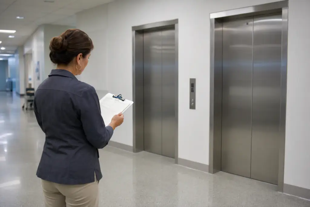 Hospital elevator bank in a Houston Texas medical facility with a facilities manager reviewing maintenance compliance documentation near ADA-accessible call panels
