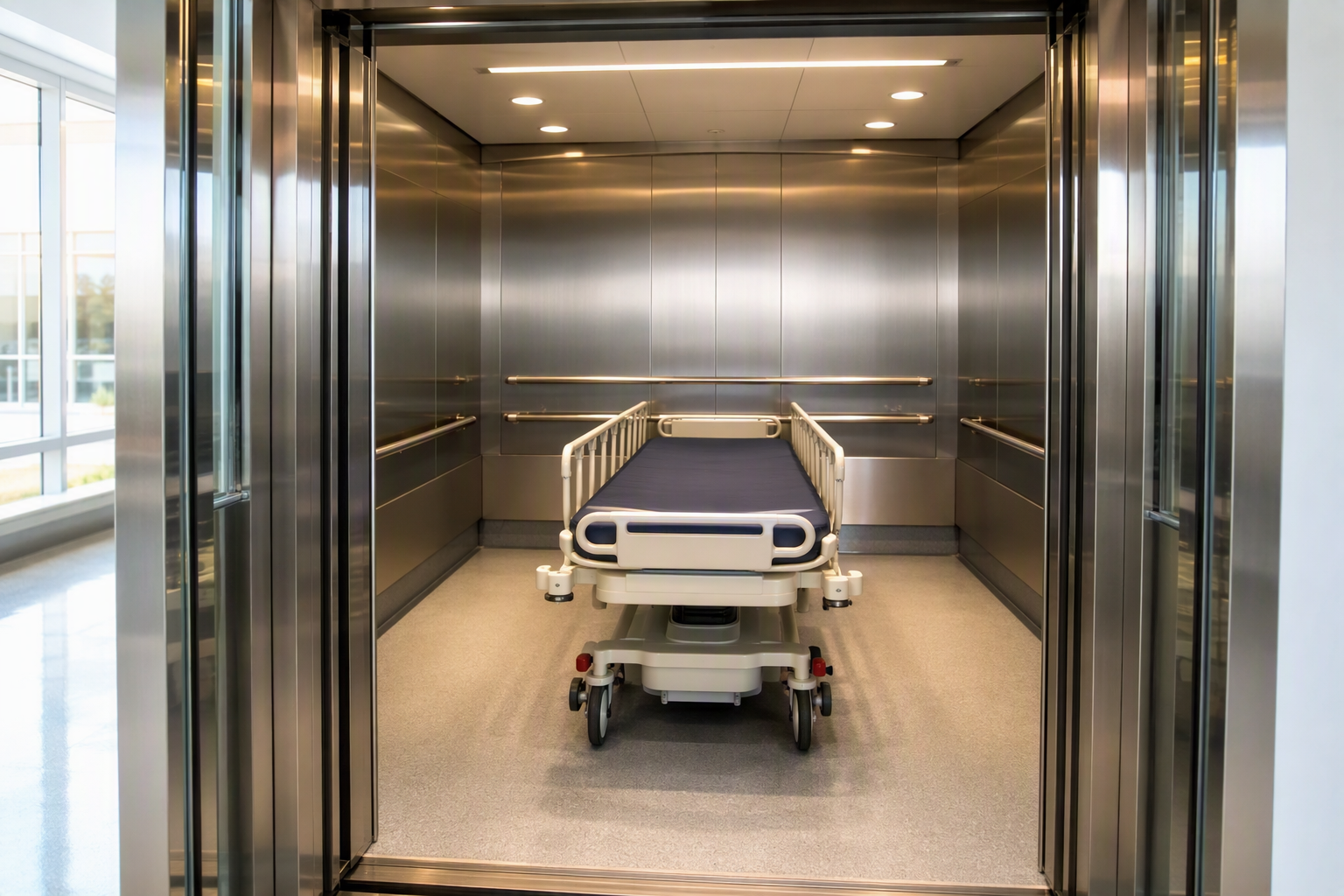 Interior of a hospital-grade elevator cab in a California medical facility showing ADA-compliant dual handrails, wide stainless-steel doors, and bariatric stretcher clearance for patient transport