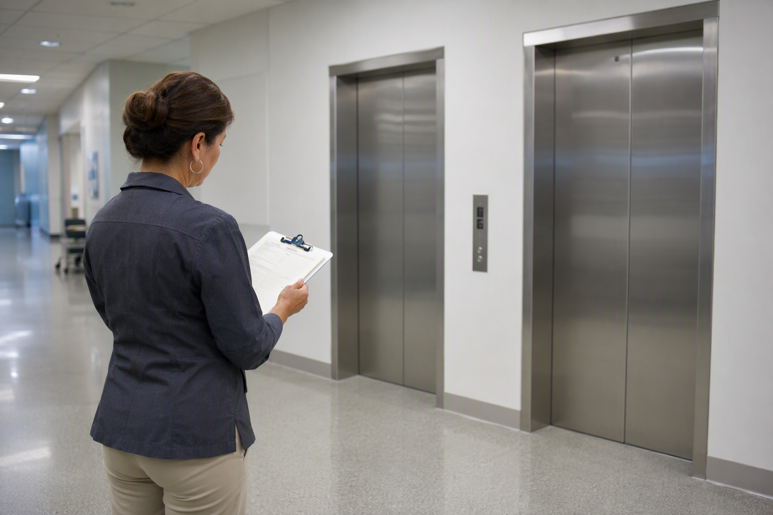 Hospital elevator bank in a Houston Texas medical facility with a facilities manager reviewing maintenance compliance documentation near ADA-accessible call panels