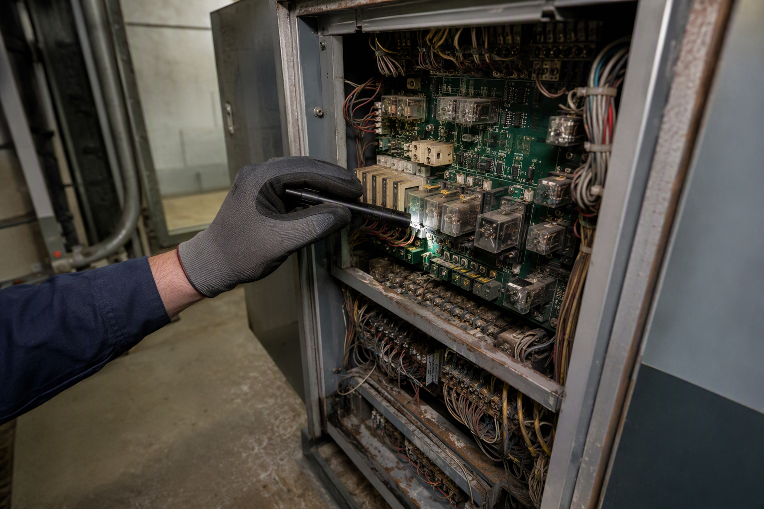 Elevator technician inspecting an aging controller cabinet in a Dallas machine room, showing worn relay boards and wiring that signal end-of-component-lifespan